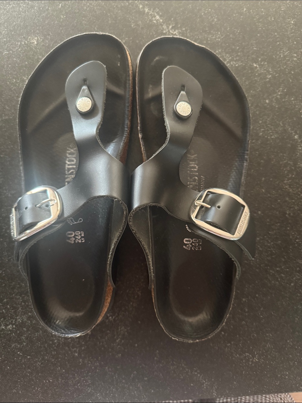 Birkenstock Black Leather Toe-Post Sandals with Silver Buckles